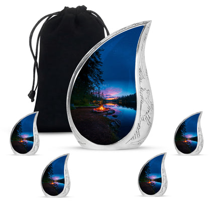 Azure Campfire Cremation Urn side profile showing urn shape - flowing teardrop campfire silhouette on curved aluminum - memorial set with one large and four small urns