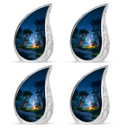 Powder Blue Campfire Cremation Urn close-up of engraving and surface detail - rounded teardrop campfire design with delicate detail - 10 inch aluminum urn for cremated remains