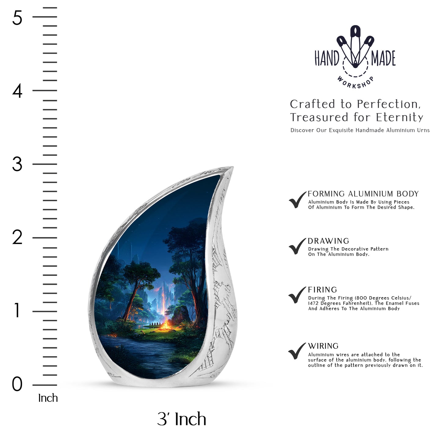 Serene Blue Campfire Cremation Urn angled view of lid and engraved motif - graceful tear-shaped urn with campfire motif - mini keepsake memorial for portion of cremation ashes