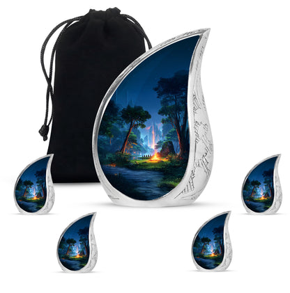 Celestial Blue Campfire Cremation Urn side profile showing urn shape - flowing teardrop campfire silhouette on curved aluminum - memorial set with one large and four small urns