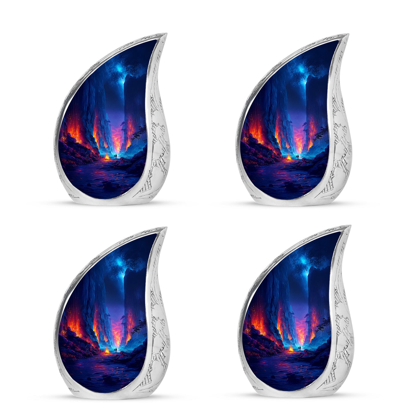 Steel Blue Campfire Cremation Urn close-up of engraving and surface detail - graceful tear-shaped urn with campfire motif - 10 inch aluminum urn for cremated remains