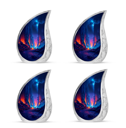 Steel Blue Campfire Cremation Urn close-up of engraving and surface detail - graceful tear-shaped urn with campfire motif - 10 inch aluminum urn for cremated remains