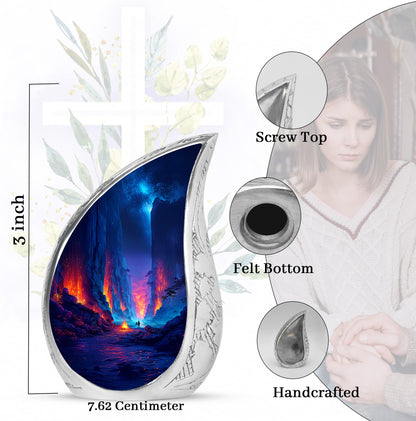 Slate Blue Campfire Cremation Urn angled view of lid and engraved motif - rounded teardrop campfire design with delicate detail - mini keepsake memorial for portion of cremation ashes