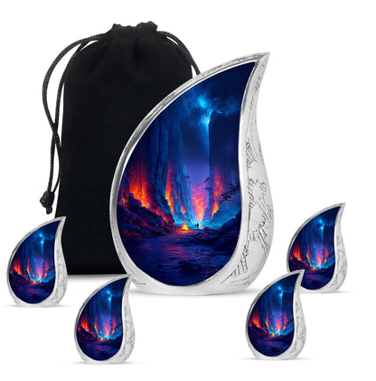 Royal Blue Campfire Cremation Urn side profile showing urn shape - graceful tear-shaped urn with campfire motif - memorial set with one large and four small urns