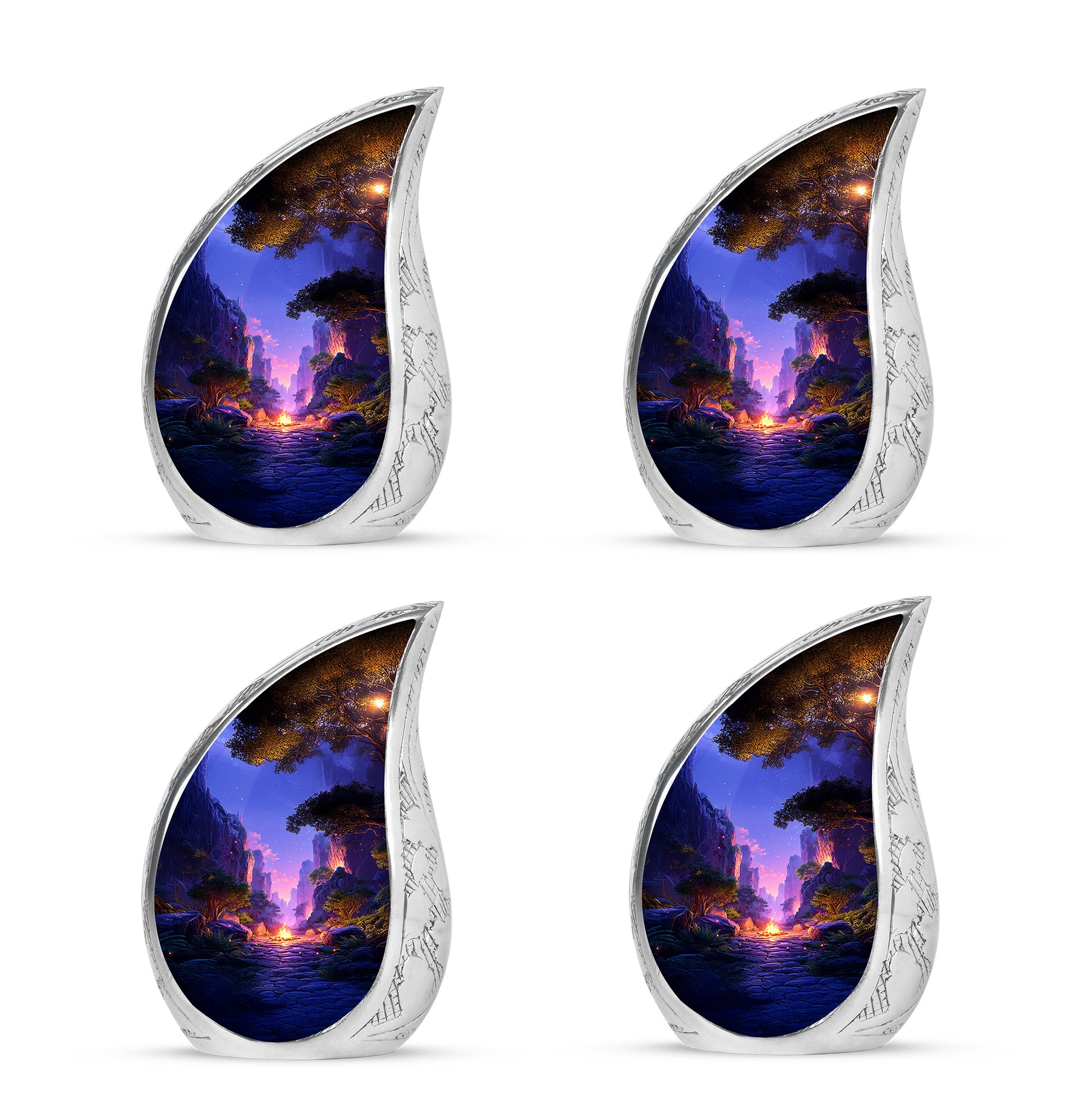 Azure Campfire Cremation Urn close-up of engraving and surface detail - rounded teardrop campfire design with delicate detail - 10 inch aluminum urn for cremated remains