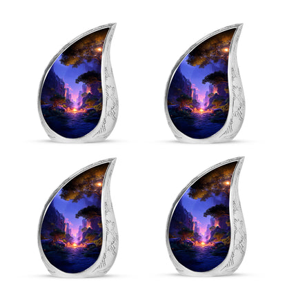 Azure Campfire Cremation Urn close-up of engraving and surface detail - rounded teardrop campfire design with delicate detail - 10 inch aluminum urn for cremated remains