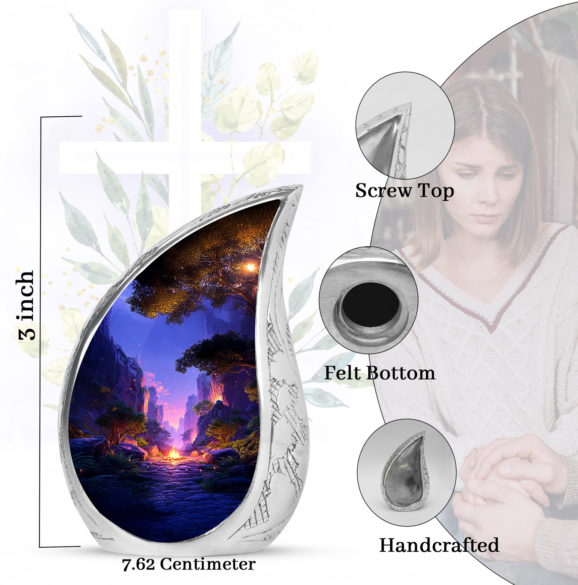 Steel Blue Campfire Cremation Urn angled view of lid and engraved motif - graceful tear-shaped urn with campfire motif - mini keepsake memorial for portion of cremation ashes