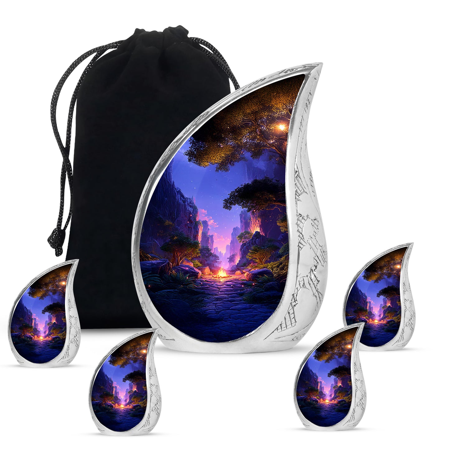 Cobalt Blue Campfire Cremation Urn side profile showing urn shape - smooth teardrop contour featuring campfire art - memorial set with one large and four small urns