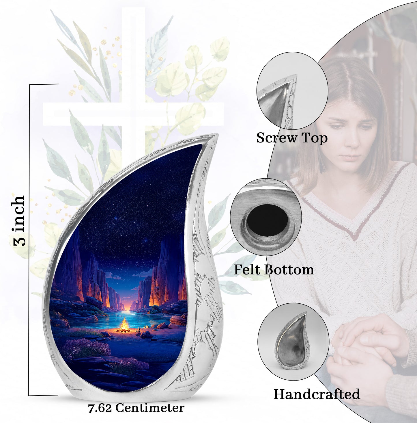 Celestial Blue Campfire Cremation Urn angled view of lid and engraved motif - rounded teardrop campfire design with delicate detail - mini keepsake memorial for portion of cremation ashes
