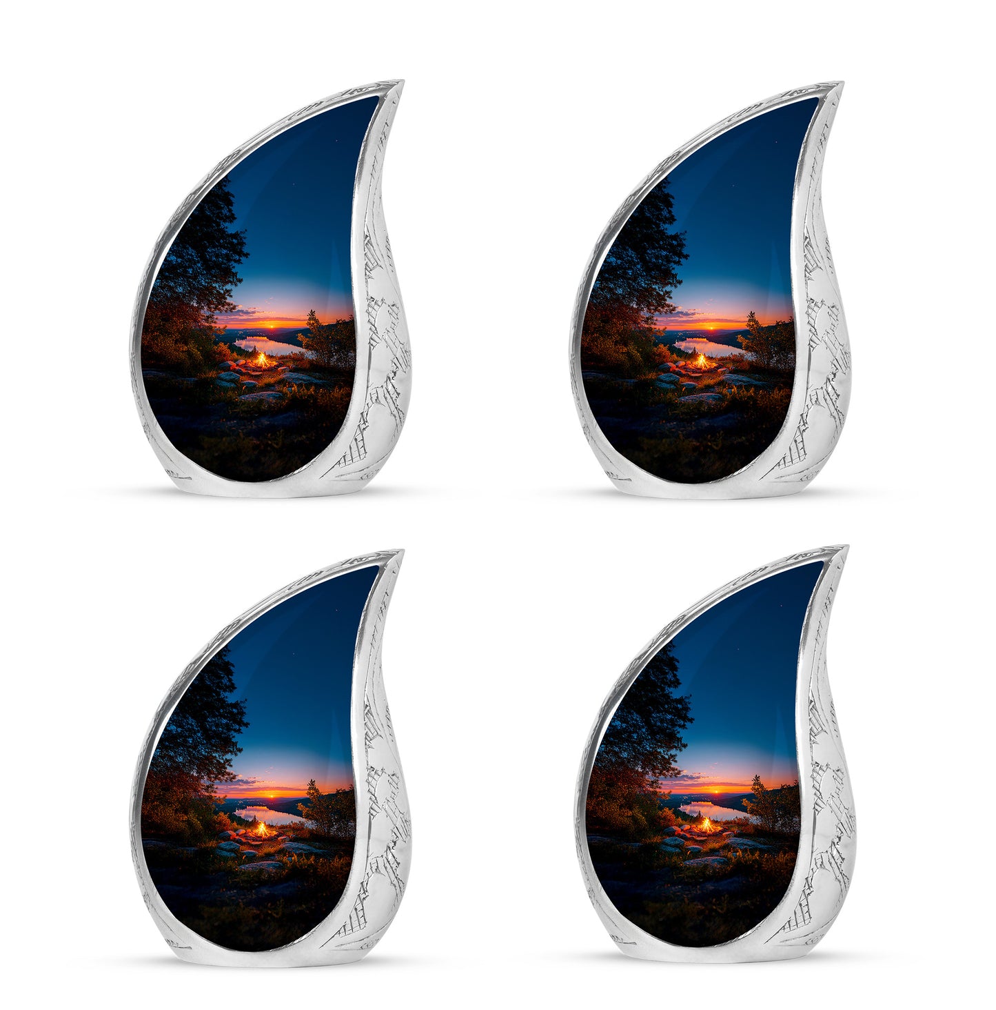 Vivid Blue Campfire Cremation Urn close-up of engraving and surface detail - smooth teardrop contour featuring campfire art - 10 inch aluminum urn for cremated remains