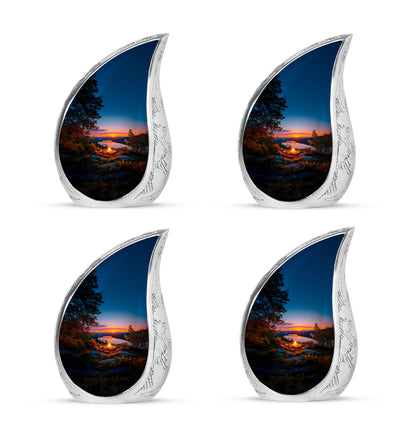 Vivid Blue Campfire Cremation Urn close-up of engraving and surface detail - smooth teardrop contour featuring campfire art - 10 inch aluminum urn for cremated remains