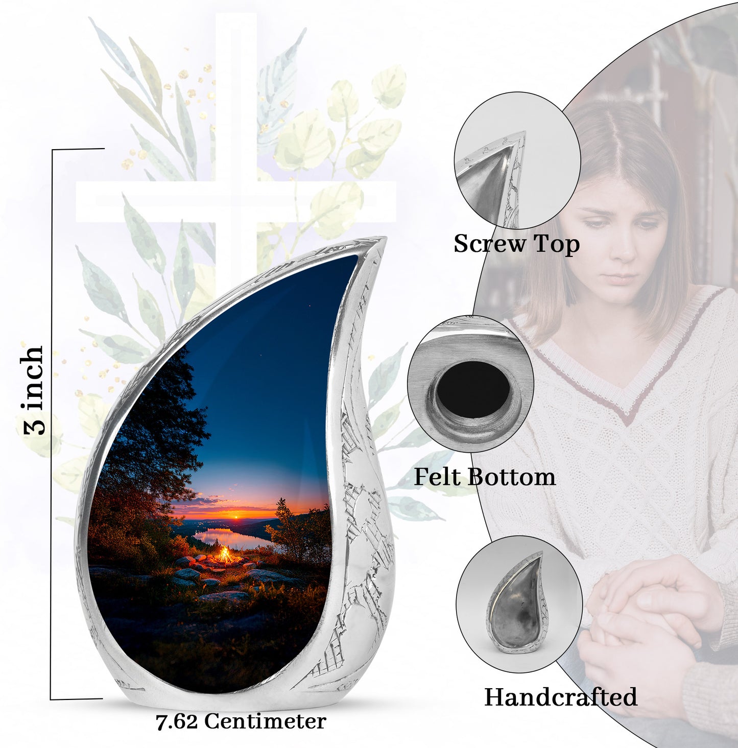 Cornflower Blue Campfire Cremation Urn angled view of lid and engraved motif - smooth teardrop contour featuring campfire art - mini keepsake memorial for portion of cremation ashes