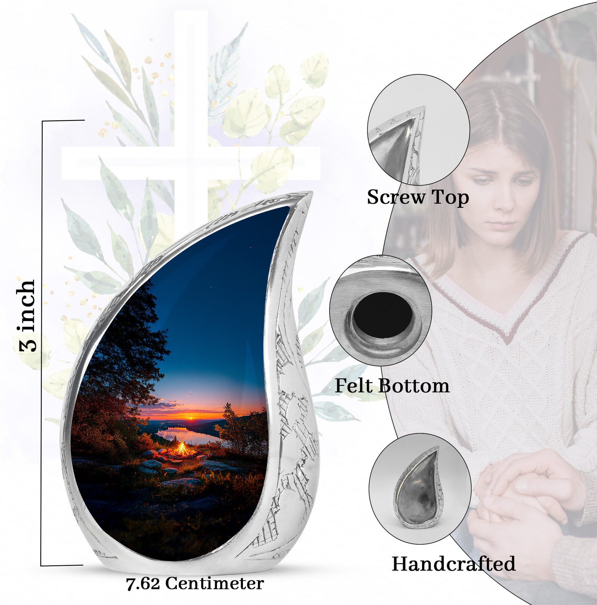 Cornflower Blue Campfire Cremation Urn angled view of lid and engraved motif - smooth teardrop contour featuring campfire art - mini keepsake memorial for portion of cremation ashes