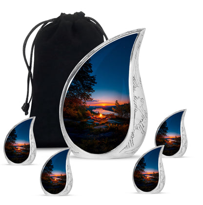 Royal Blue Campfire Cremation Urn side profile showing urn shape - smooth teardrop contour featuring campfire art - memorial set with one large and four small urns