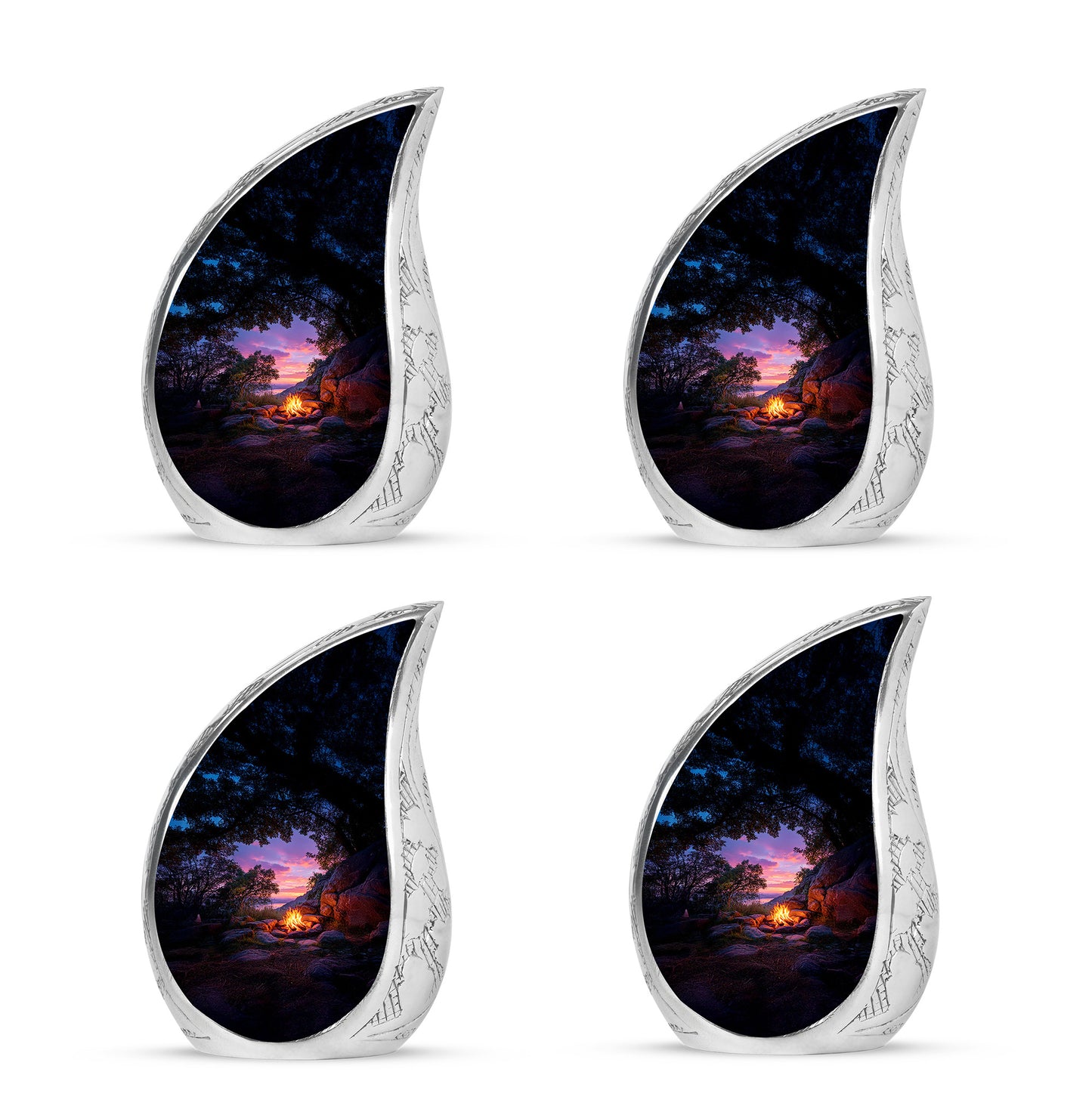 Onyx Black Campfire Cremation Urn close-up of engraving and surface detail - smooth teardrop contour featuring campfire art - 10 inch aluminum urn for cremated remains