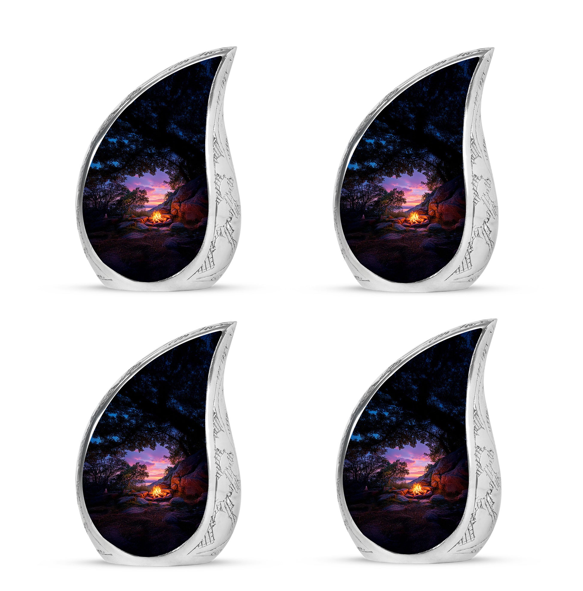 Onyx Black Campfire Cremation Urn close-up of engraving and surface detail - smooth teardrop contour featuring campfire art - 10 inch aluminum urn for cremated remains
