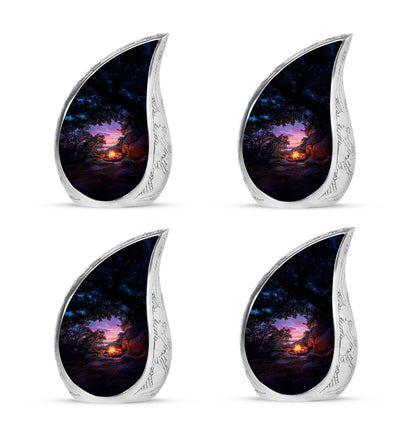 Onyx Black Campfire Cremation Urn close-up of engraving and surface detail - smooth teardrop contour featuring campfire art - 10 inch aluminum urn for cremated remains