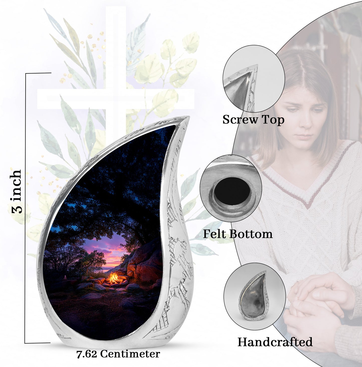 Onyx Black Campfire Cremation Urn angled view of lid and engraved motif - smooth teardrop contour featuring campfire art - mini keepsake memorial for portion of cremation ashes