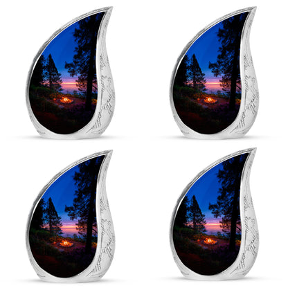 Dusty Blue Campfire Cremation Urn close-up of engraving and surface detail - rounded teardrop campfire design with delicate detail - 10 inch aluminum urn for cremated remains