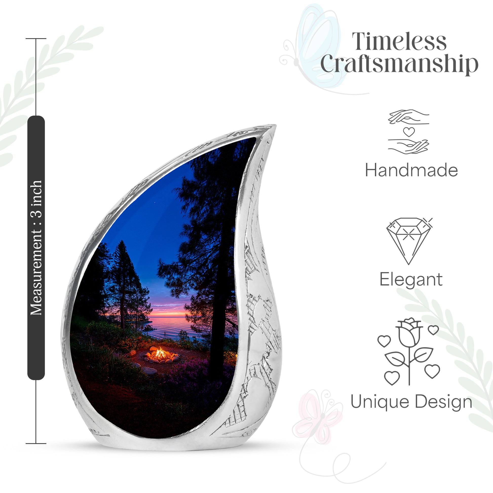 Sky Blue Campfire Cremation Urn angled view of lid and engraved motif - rounded teardrop campfire design with delicate detail - mini keepsake memorial for portion of cremation ashes