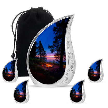 Sapphire Blue Campfire Cremation Urn side profile showing urn shape - smooth teardrop contour featuring campfire art - memorial set with one large and four small urns