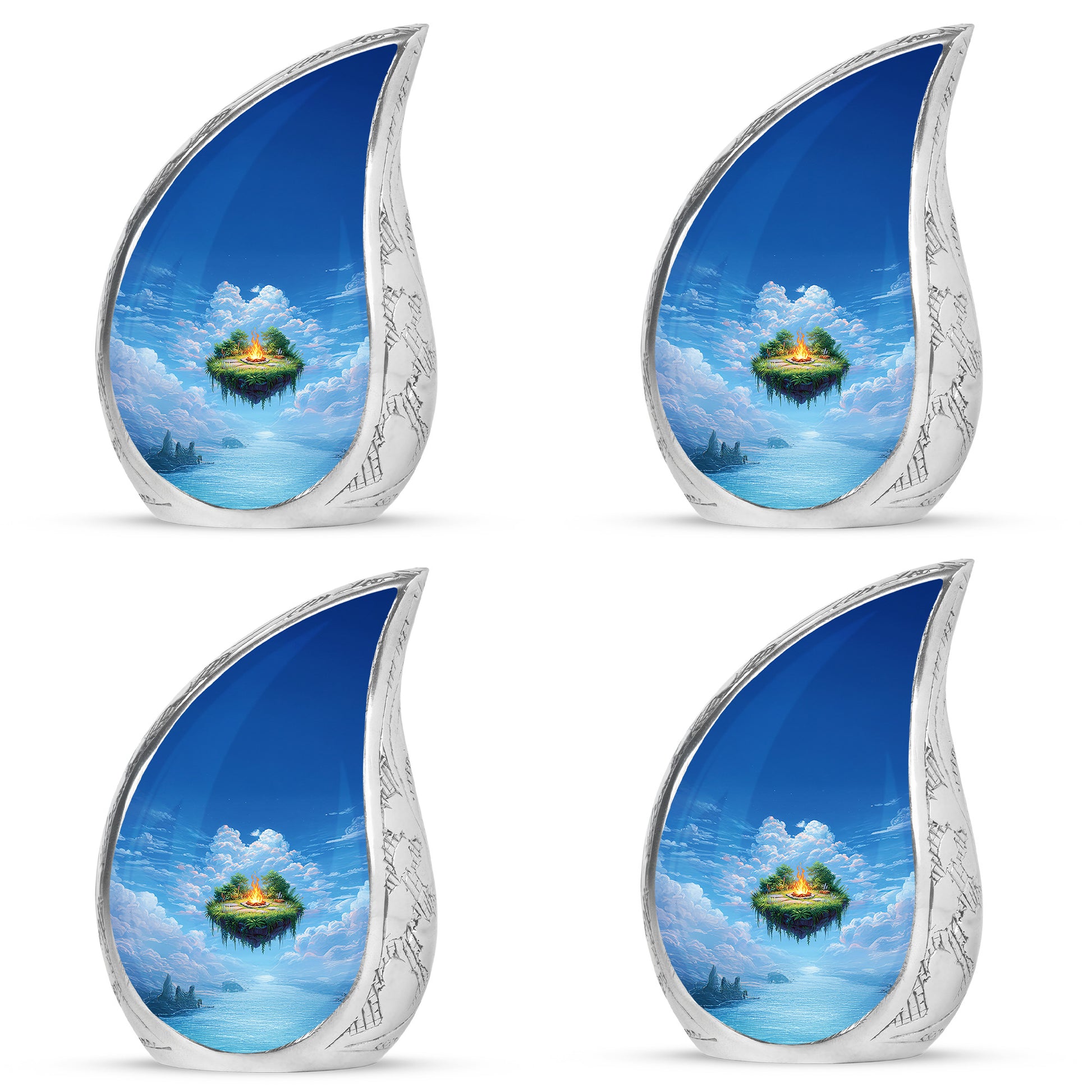 Powder Blue Campfire Cremation Urn close-up of engraving and surface detail - flowing teardrop campfire silhouette on curved aluminum - 10 inch aluminum urn for cremated remains