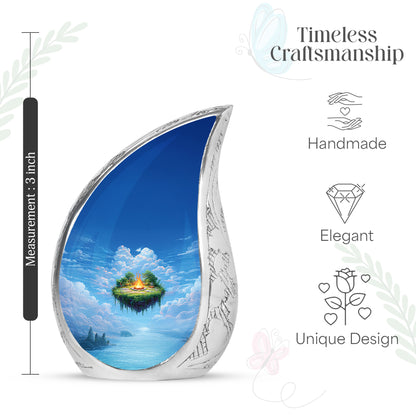 Sky Blue Campfire Cremation Urn angled view of lid and engraved motif - rounded teardrop campfire design with delicate detail - mini keepsake memorial for portion of cremation ashes