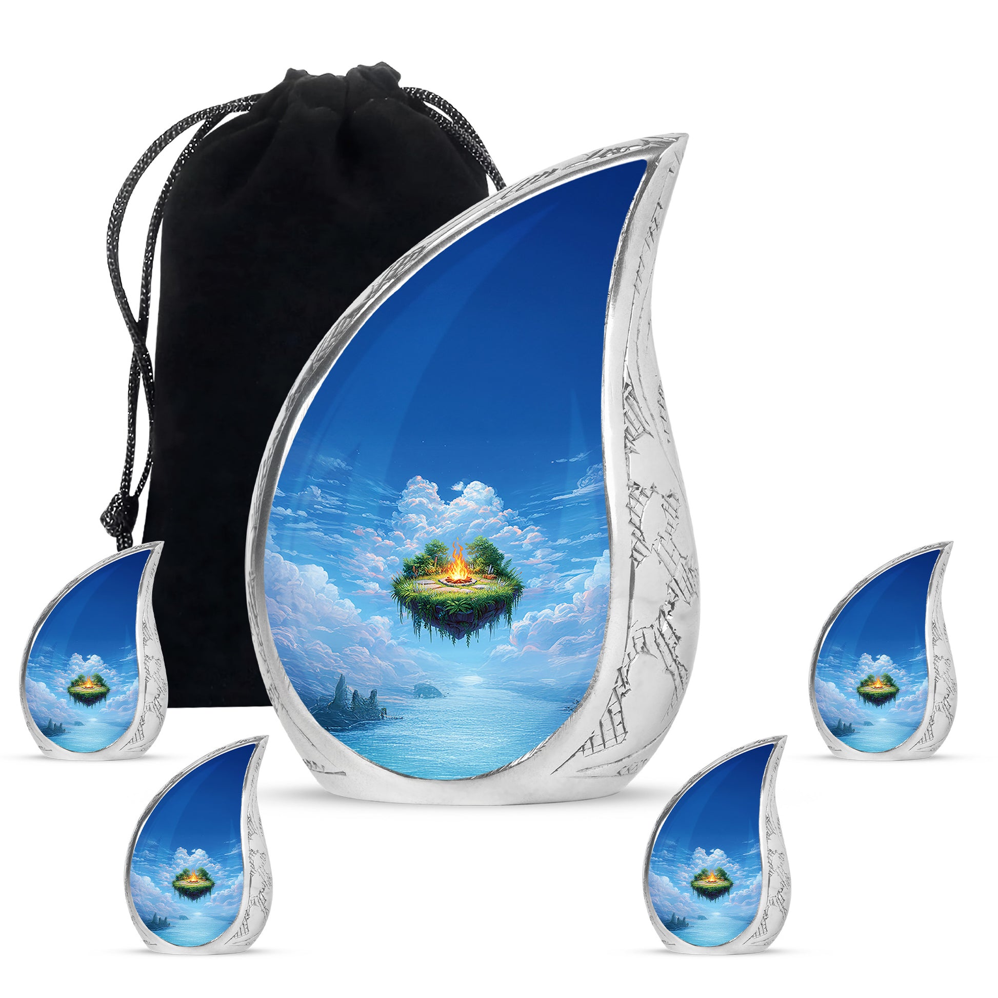 Misty Blue Campfire Cremation Urn side profile showing urn shape - flowing teardrop campfire silhouette on curved aluminum - memorial set with one large and four small urns