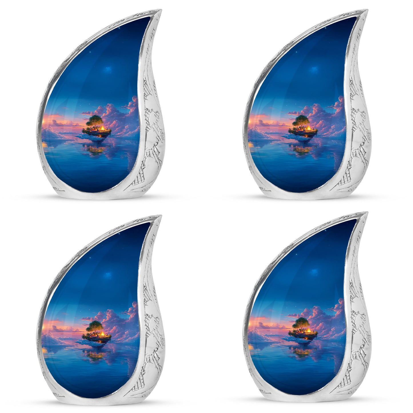 Cornflower Blue Campfire Cremation Urn close-up of engraving and surface detail - smooth teardrop contour featuring campfire art - 10 inch aluminum urn for cremated remains