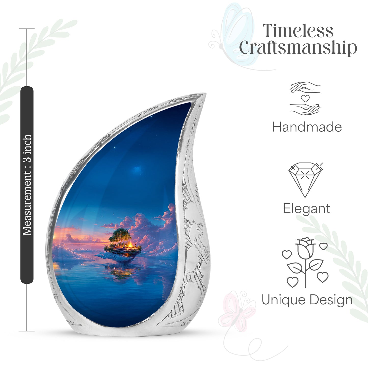 Vivid Blue Campfire Cremation Urn angled view of lid and engraved motif - smooth teardrop contour featuring campfire art - mini keepsake memorial for portion of cremation ashes