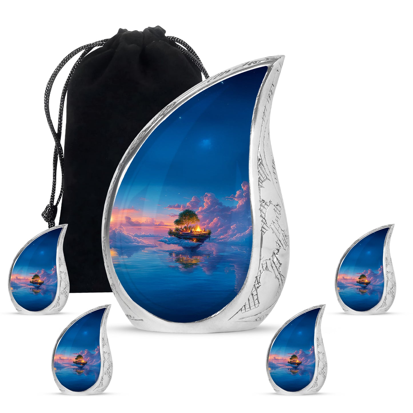 Indigo Campfire Cremation Urn side profile showing urn shape - rounded teardrop campfire design with delicate detail - memorial set with one large and four small urns