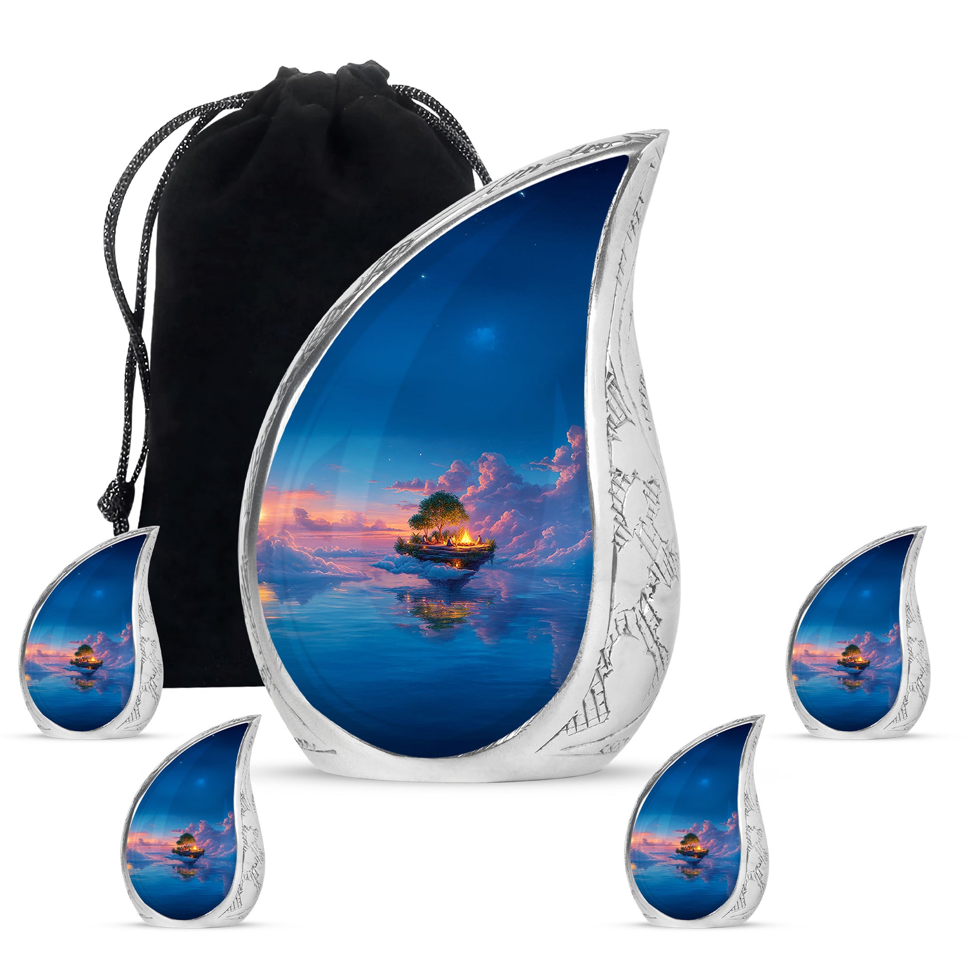 Indigo Campfire Cremation Urn side profile showing urn shape - rounded teardrop campfire design with delicate detail - memorial set with one large and four small urns