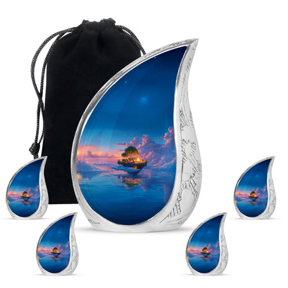 Indigo Campfire Cremation Urn side profile showing urn shape - rounded teardrop campfire design with delicate detail - memorial set with one large and four small urns