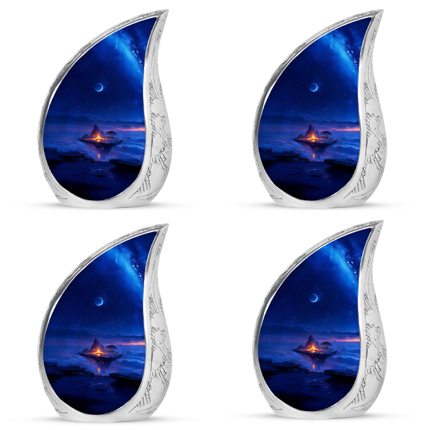 Celestial Blue Campfire Cremation Urn close-up of engraving and surface detail - rounded teardrop campfire design with delicate detail - 10 inch aluminum urn for cremated remains
