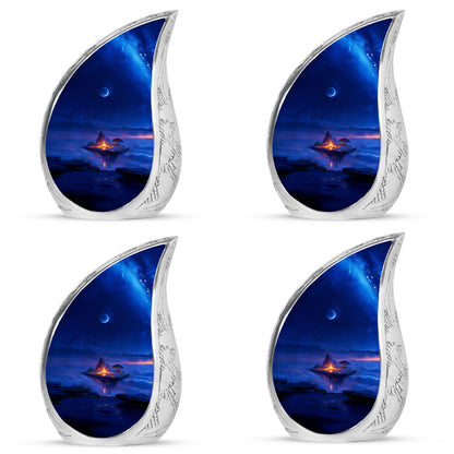 Celestial Blue Campfire Cremation Urn close-up of engraving and surface detail - rounded teardrop campfire design with delicate detail - 10 inch aluminum urn for cremated remains