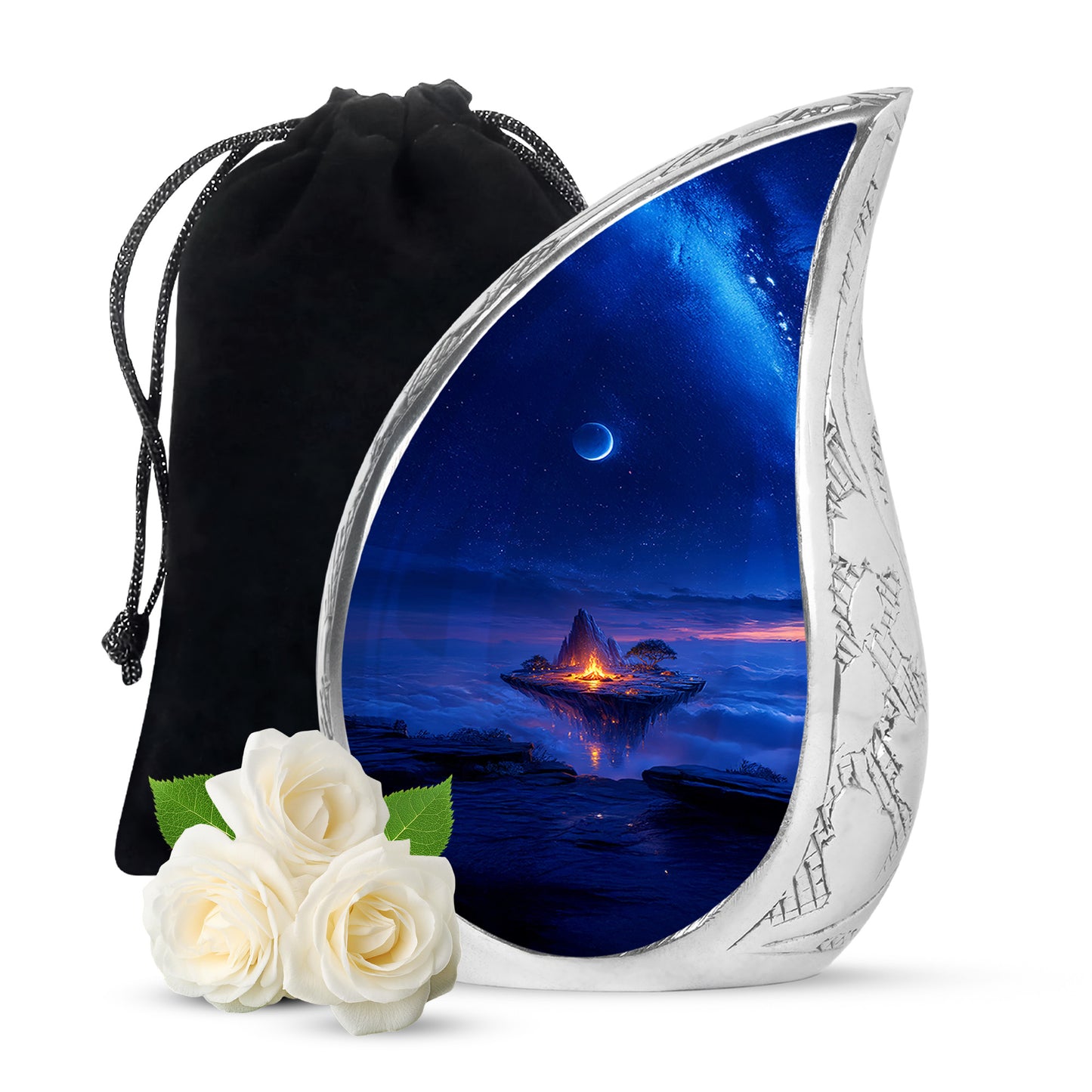 Sapphire Blue Campfire Cremation Urn front view showing detailed design - graceful tear-shaped urn with campfire motif - full-size 10 inch 200 cubic inch adult cremation urn