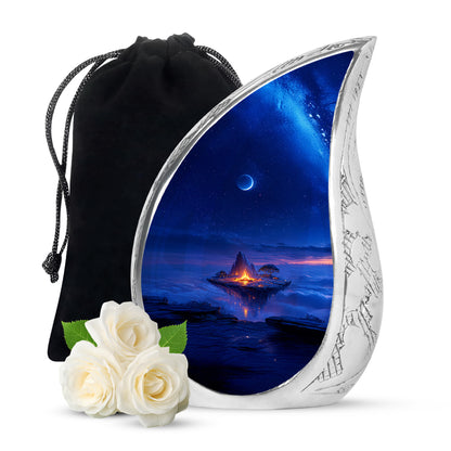Sapphire Blue Campfire Cremation Urn front view showing detailed design - graceful tear-shaped urn with campfire motif - full-size 10 inch 200 cubic inch adult cremation urn