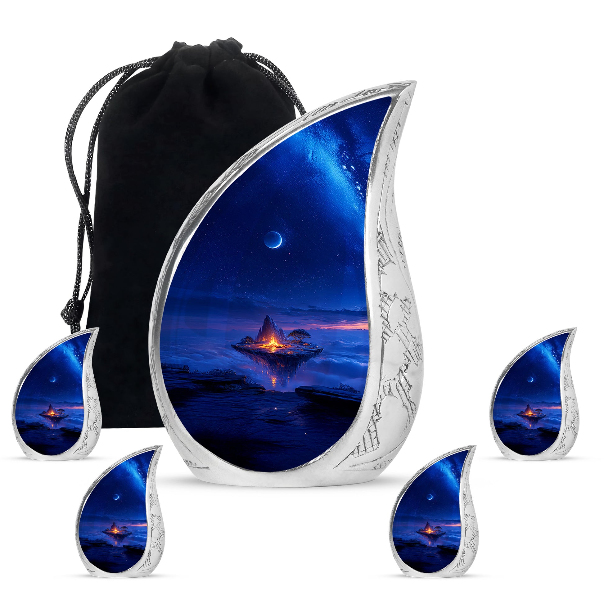 Misty Blue Campfire Cremation Urn side profile showing urn shape - rounded teardrop campfire design with delicate detail - memorial set with one large and four small urns