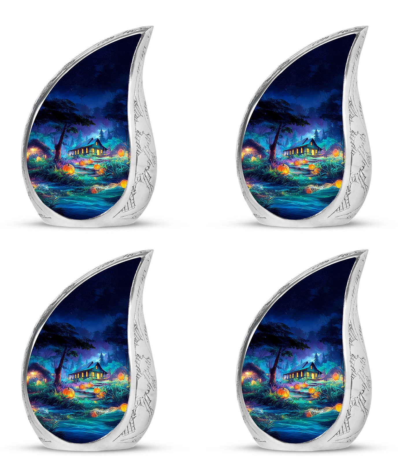 Indigo Halloween Cremation Urn close-up of engraving and surface detail - rounded teardrop halloween design with delicate detail - 10 inch aluminum urn for cremated remains