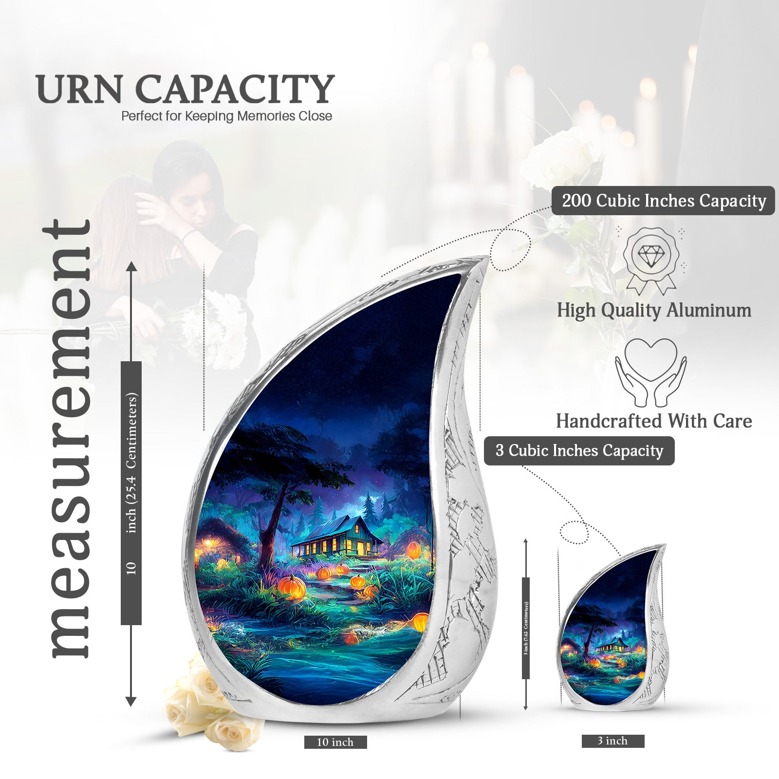 Twilight Blue Halloween Cremation Urn angled view of lid and engraved motif - graceful tear-shaped urn with halloween motif - mini keepsake memorial for portion of cremation ashes