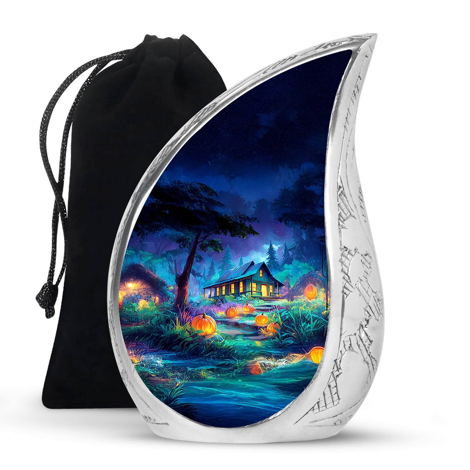 Indigo Halloween Cremation Urn front view showing detailed design - flowing teardrop halloween silhouette on curved aluminum - full-size 10 inch 200 cubic inch adult cremation urn