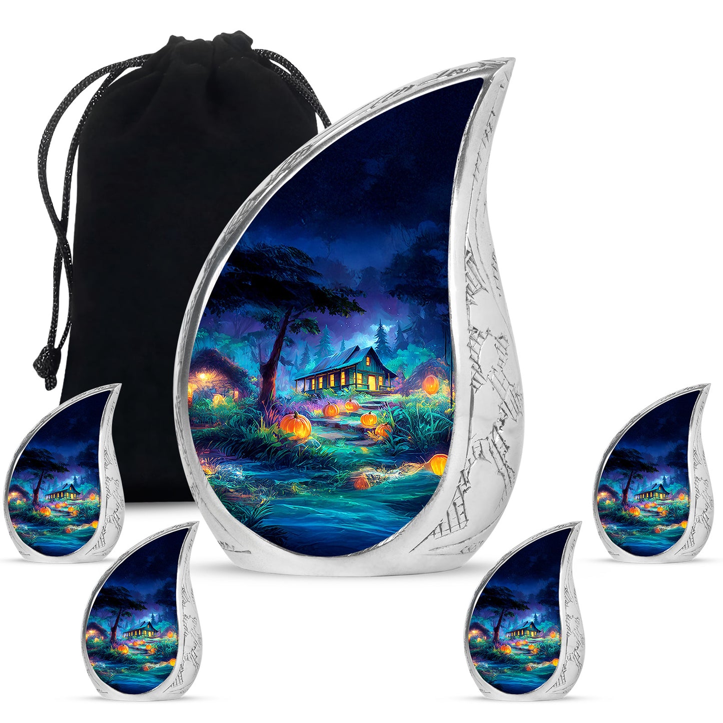 Sapphire Blue Halloween Cremation Urn side profile showing urn shape - smooth teardrop contour featuring halloween art - memorial set with one large and four small urns