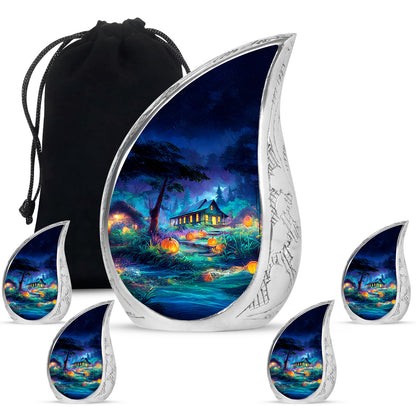 Sapphire Blue Halloween Cremation Urn side profile showing urn shape - smooth teardrop contour featuring halloween art - memorial set with one large and four small urns