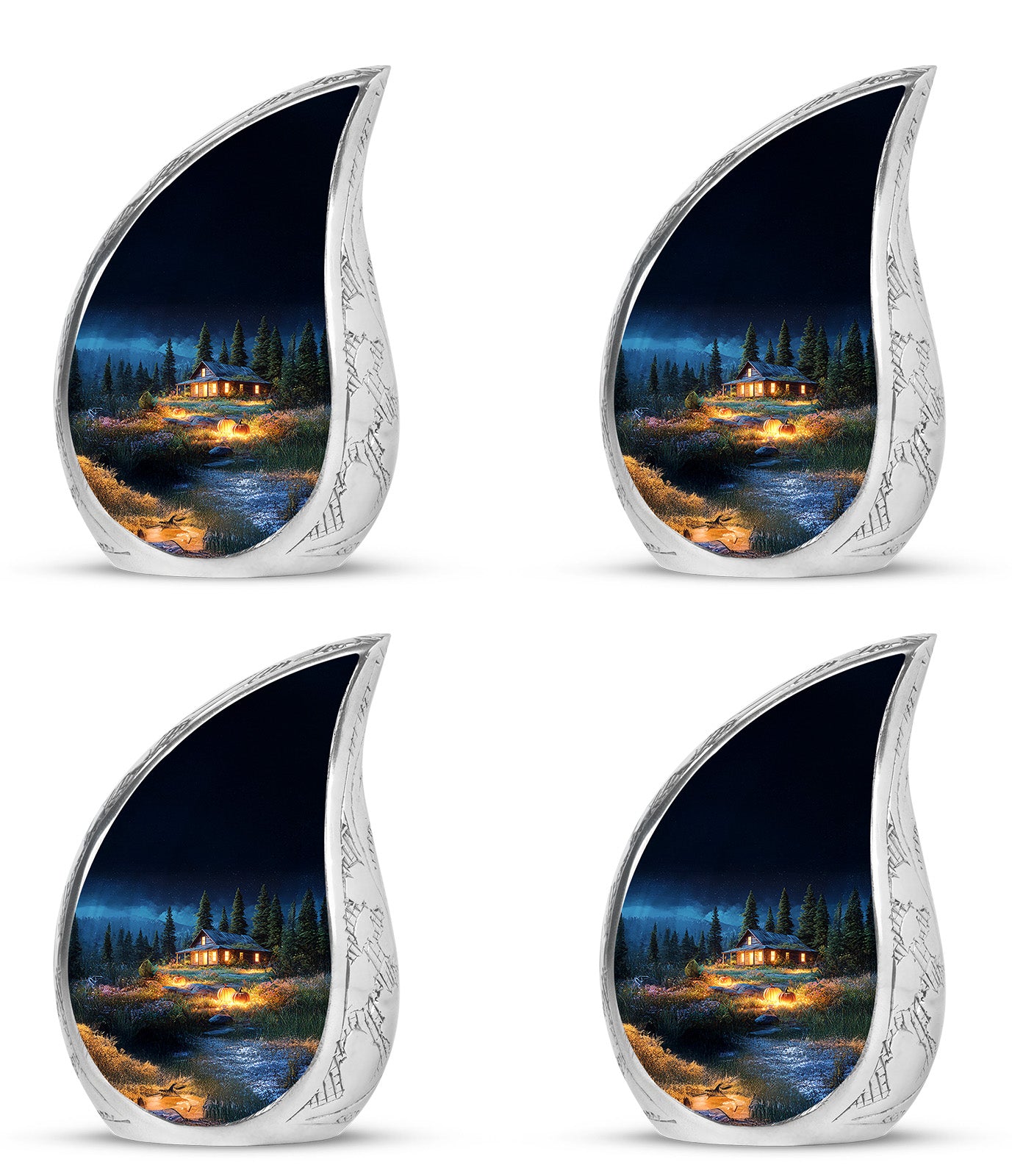 Navy Blue Halloween Cremation Urn close-up of engraving and surface detail - rounded teardrop halloween design with delicate detail - 10 inch aluminum urn for cremated remains