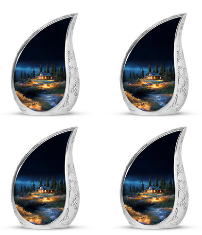 Navy Blue Halloween Cremation Urn close-up of engraving and surface detail - rounded teardrop halloween design with delicate detail - 10 inch aluminum urn for cremated remains