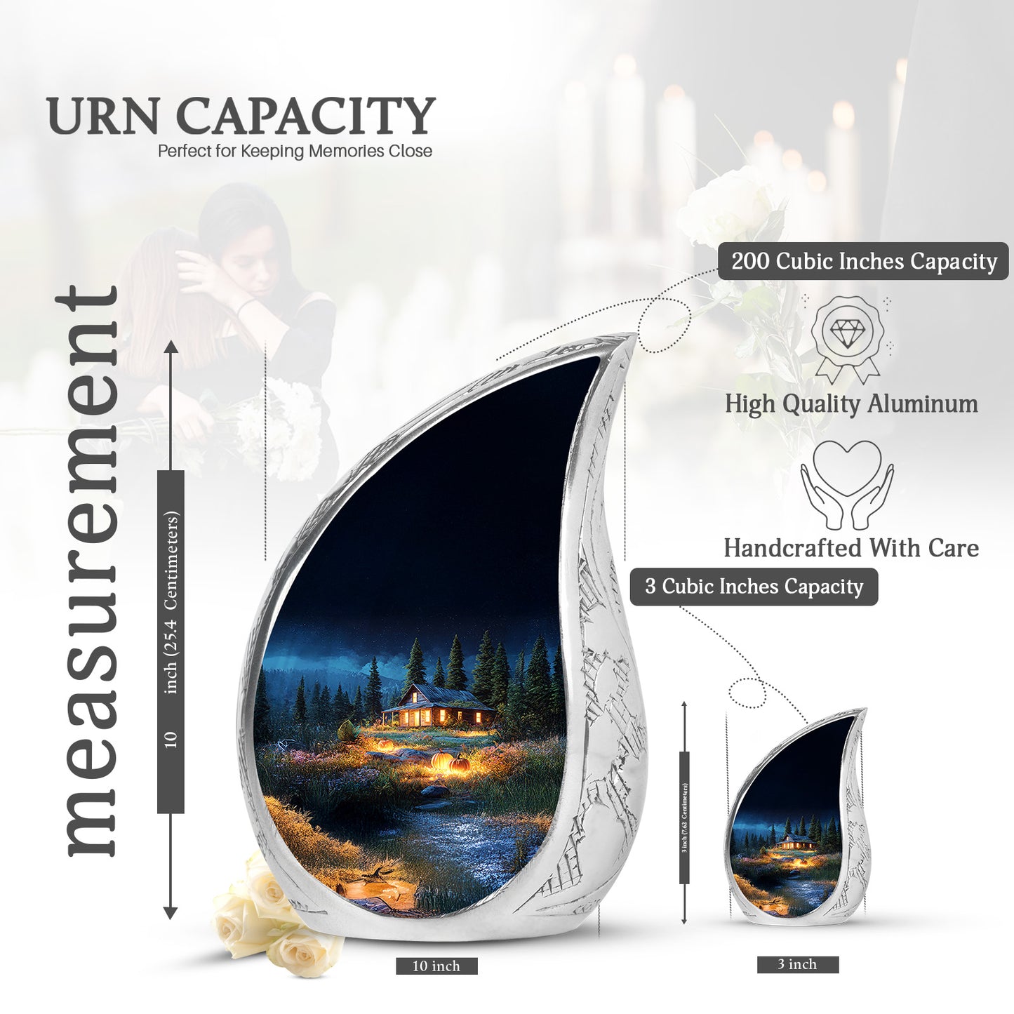 Misty Blue Halloween Cremation Urn angled view of lid and engraved motif - flowing teardrop halloween silhouette on curved aluminum - mini keepsake memorial for portion of cremation ashes