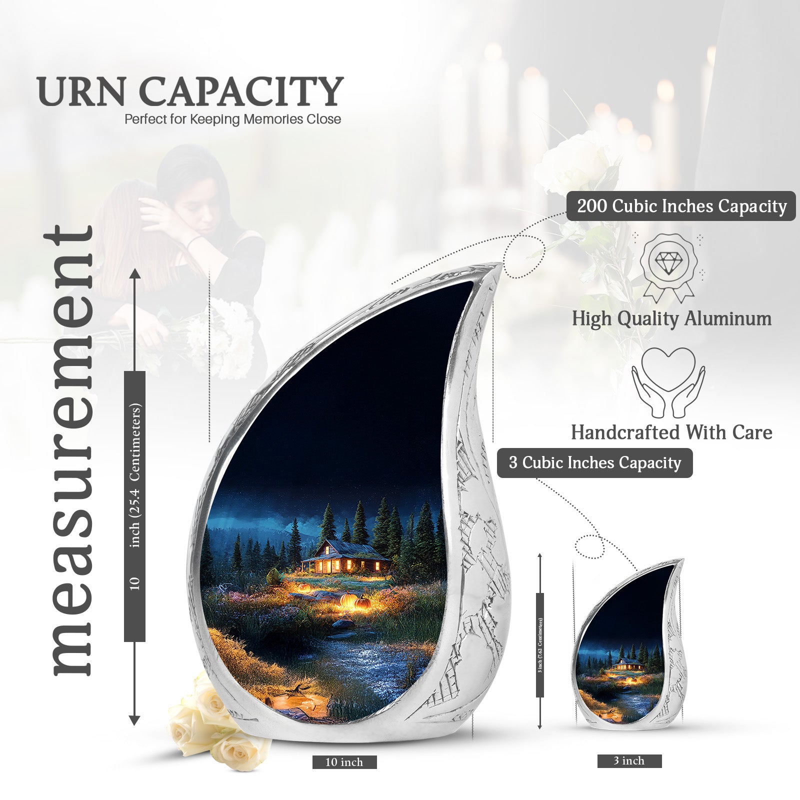 Misty Blue Halloween Cremation Urn angled view of lid and engraved motif - flowing teardrop halloween silhouette on curved aluminum - mini keepsake memorial for portion of cremation ashes