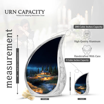 Misty Blue Halloween Cremation Urn angled view of lid and engraved motif - flowing teardrop halloween silhouette on curved aluminum - mini keepsake memorial for portion of cremation ashes