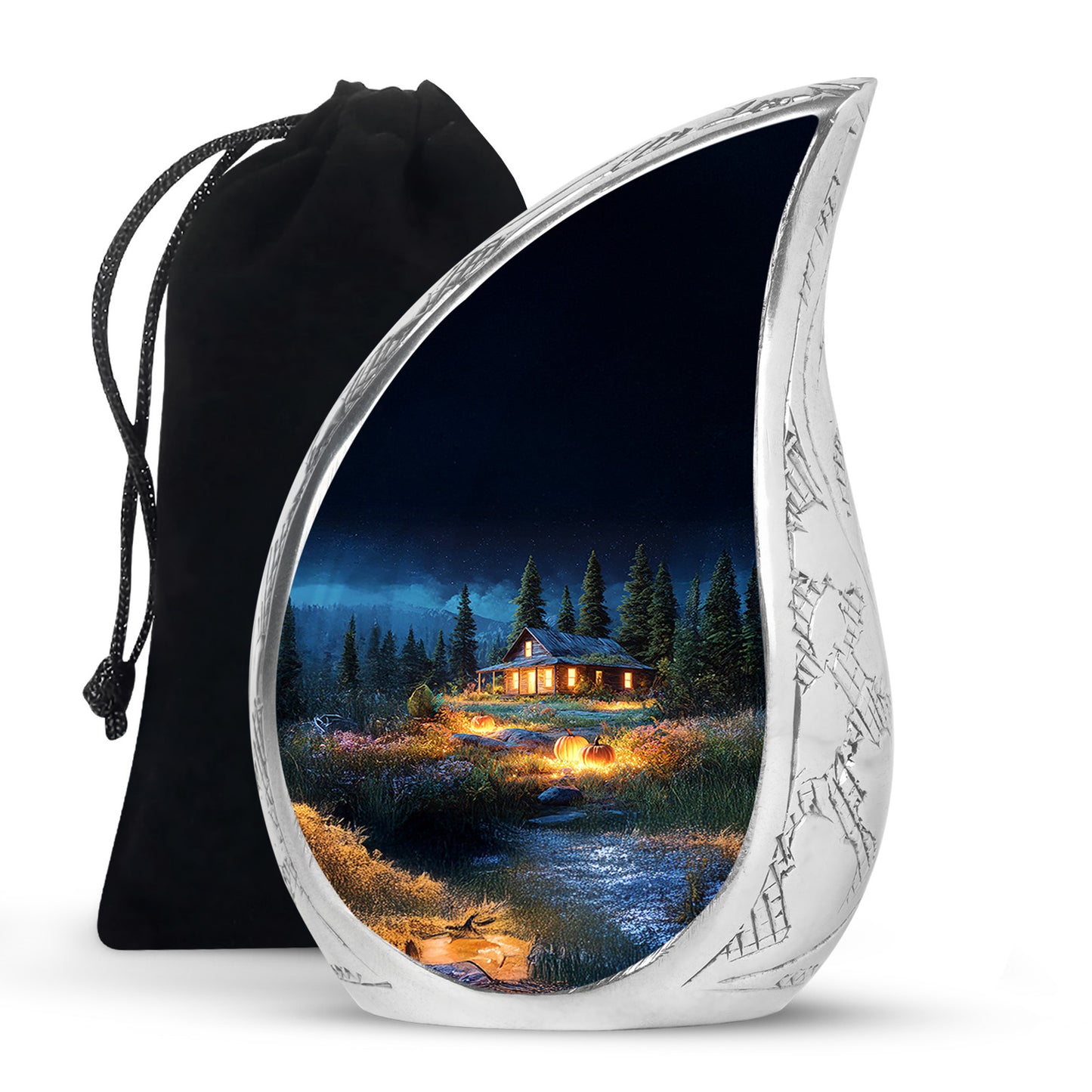 Twilight Blue Halloween Cremation Urn front view showing detailed design - smooth teardrop contour featuring halloween art - full-size 10 inch 200 cubic inch adult cremation urn