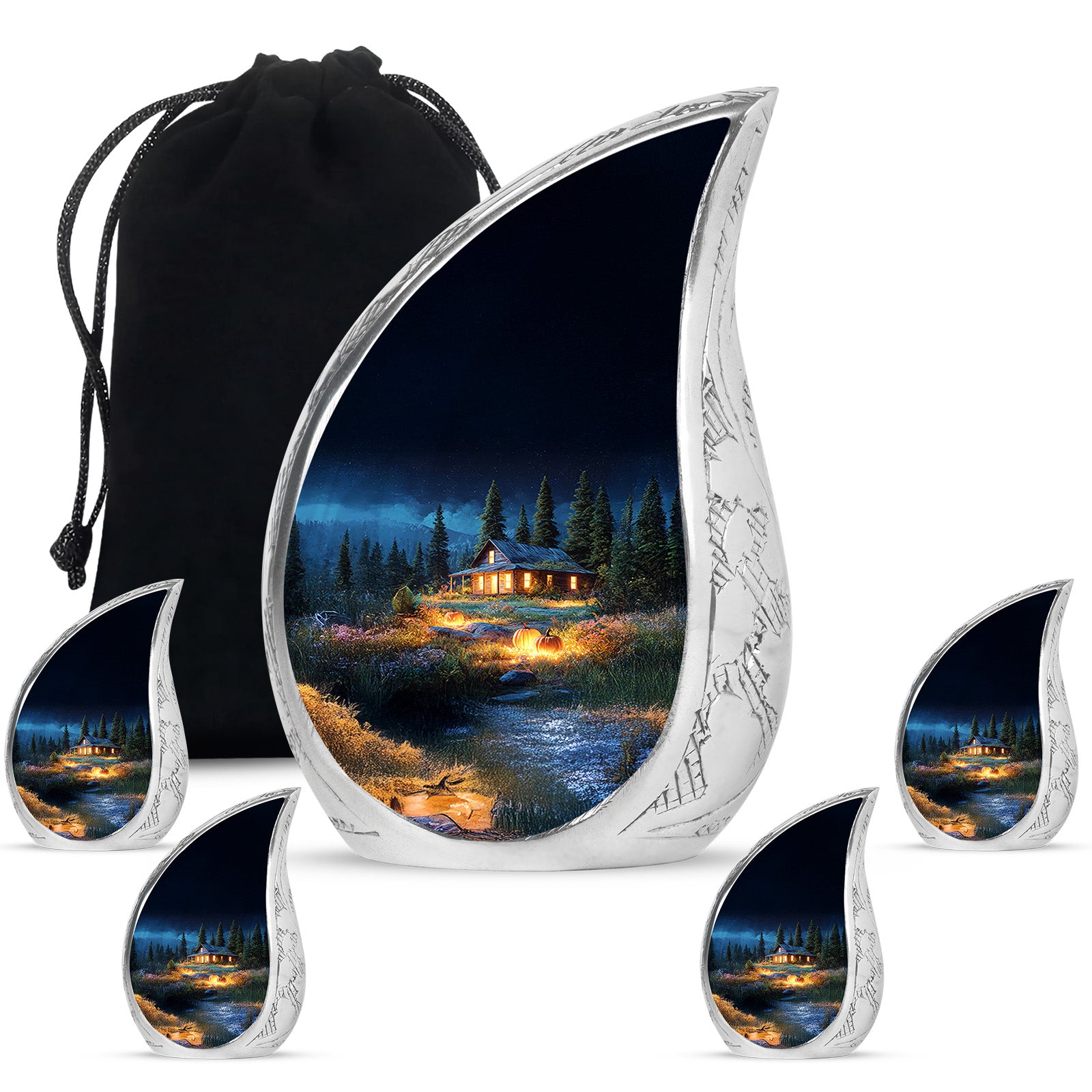 Royal Blue Halloween Cremation Urn side profile showing urn shape - smooth teardrop contour featuring halloween art - memorial set with one large and four small urns